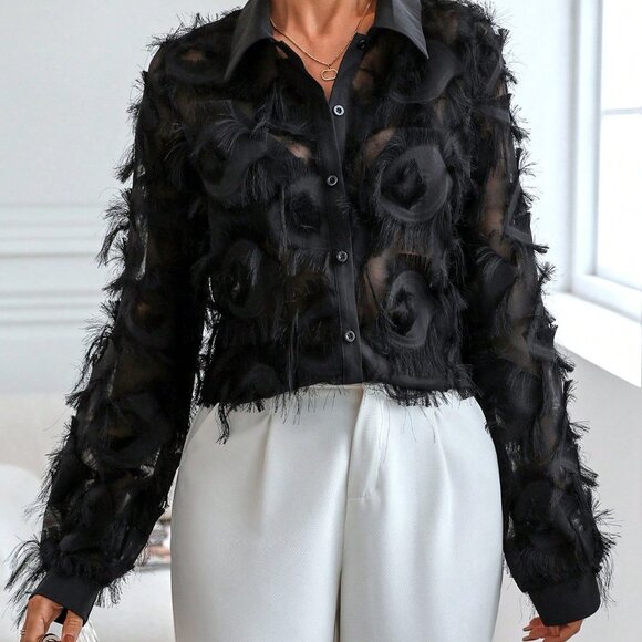 Black Party Women's Fuzzy Trim Button Front Shirt - Picture 4 of 7